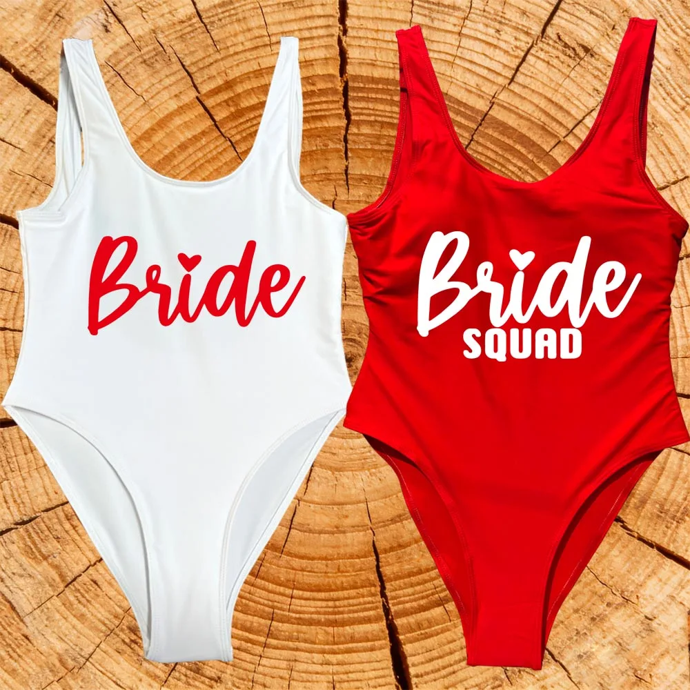 

S-3XL Red Bridal Swimsuits Women Bride Squad Bathing Suits Sexy One-Piece Swimwear Bodysuit Bachelorette Party Suit For Summer