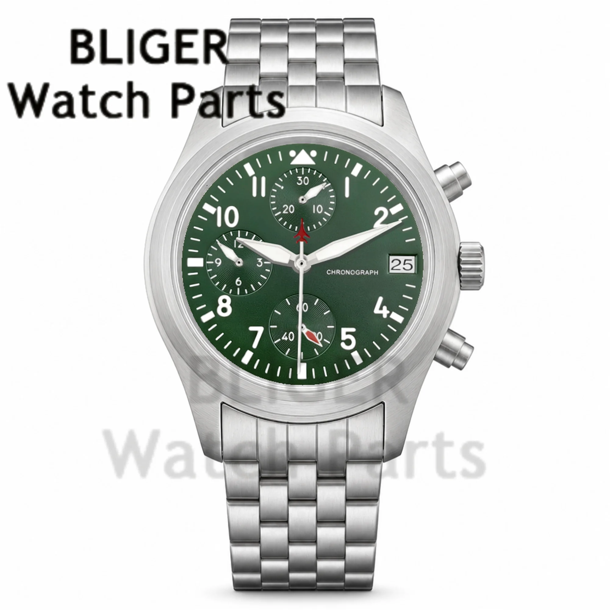 Saphirglas, 38 mm, grüne Pilotenuhr für Herren, Edelstahl, VK67, Sport-Chronograph, Herren-Kalenderuhren mit laufenden Sekundenzeigern