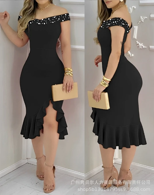 Wedding Guest Dress Autumn Fashion Daily Casual Commuting Rhinestone Cold Shoulder Slit Ruched Party Sexy Dresses for Women 2025