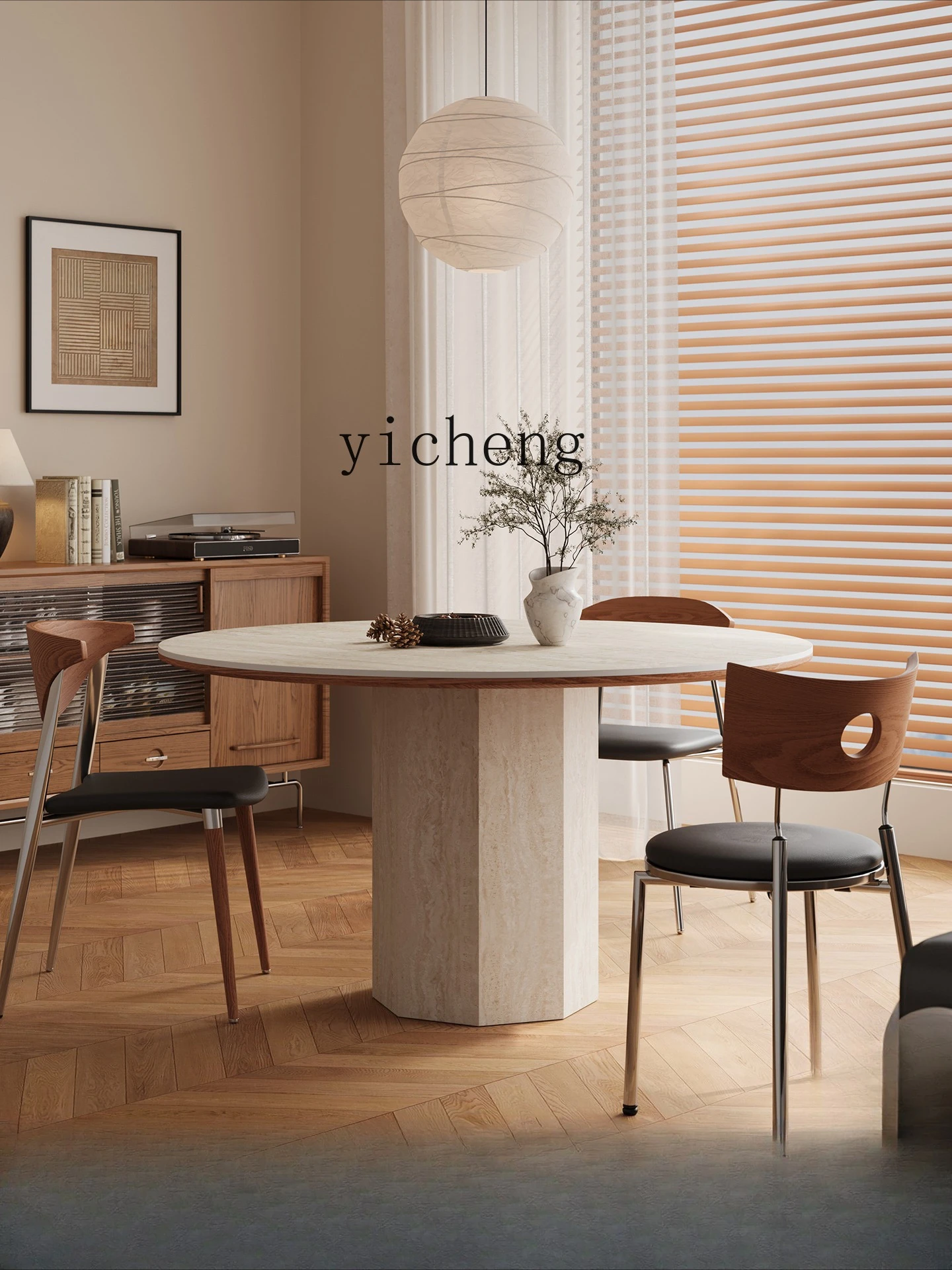 

LSL Round Table Vintage Travertine Stone Plate Living Room Dining Table and Chair Set for Home Small Apartment