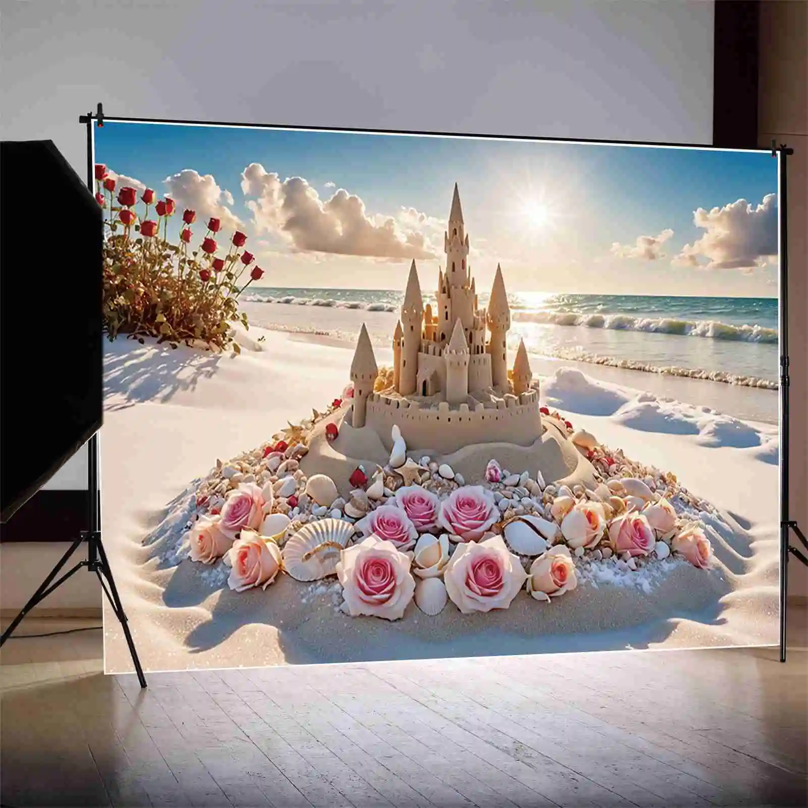 MOON.QG Sandcastle Beach Holiday Photography Backdrop Boy Seaside Summer Party Photo Background Custom Wave Shell Studio Props