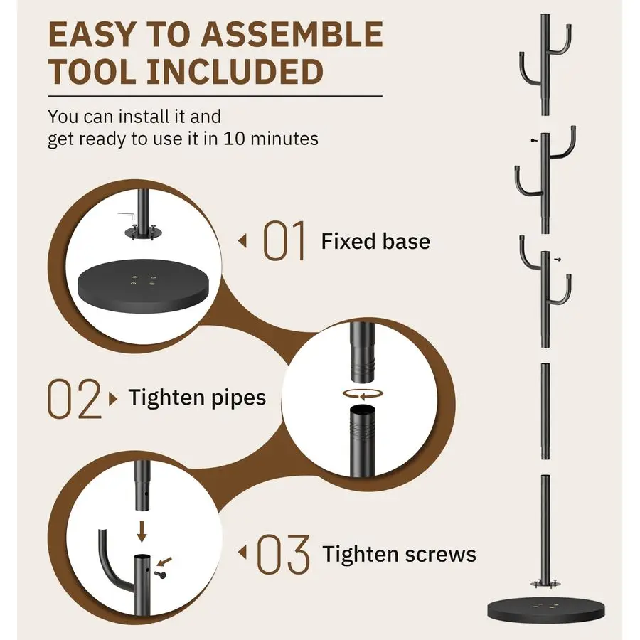 

Heavy Duty Coat Rack Freestanding 4 Adjustable Size Coat Tree with Stable Wood Base Coat Hanger Stand with 6 Hooks Standing Clot