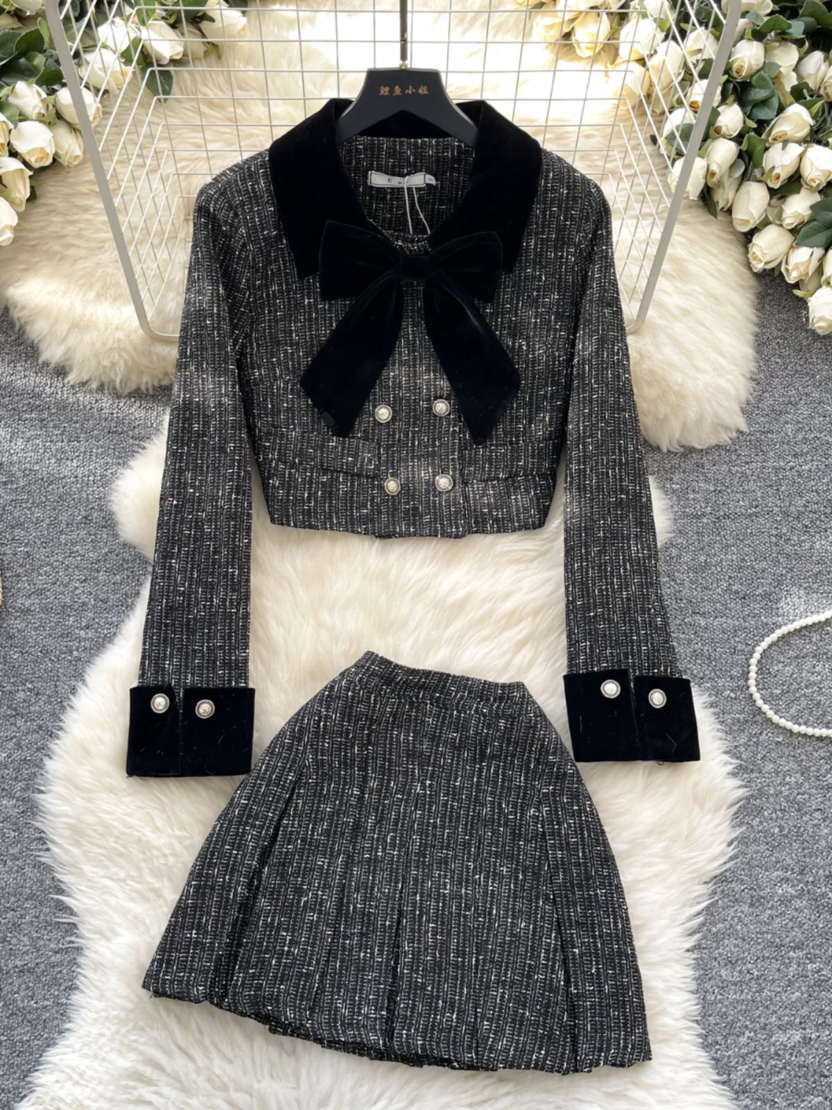 طقم تنورة ميدي عالية الخصر ومعطف للنساء من قماش التويد بأكمام طويلة وتصميم فيونكة عصري وأنيق #3