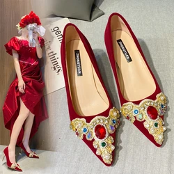 2023 Autumn New Wedding Banquet Shoes Wedding Shoes Xiuhe Wedding Chinese Red Bridal Shoes Velvet Rhinestone Dress Single