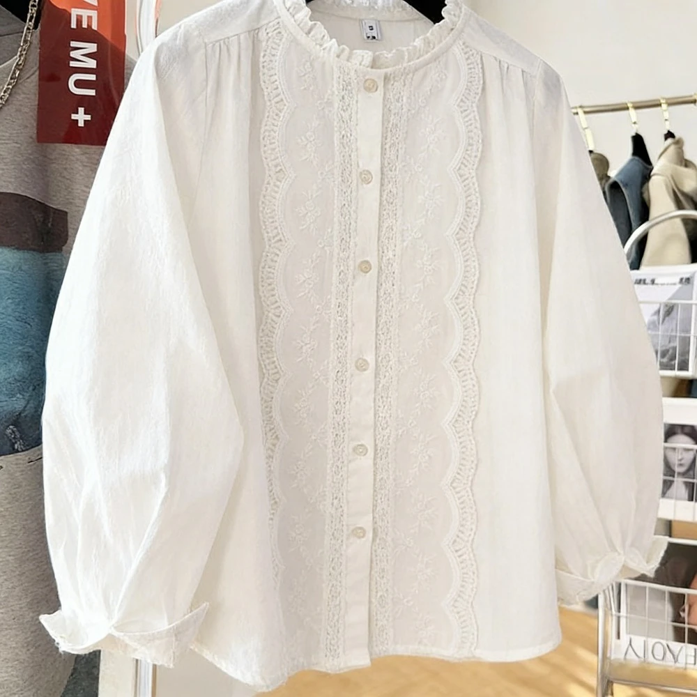

Solid Shirt Women Spring Ruffles Embroidery Lace Decoration Japan Style Long Sleeve Sweet Lovely Loose All-match Single Breasted