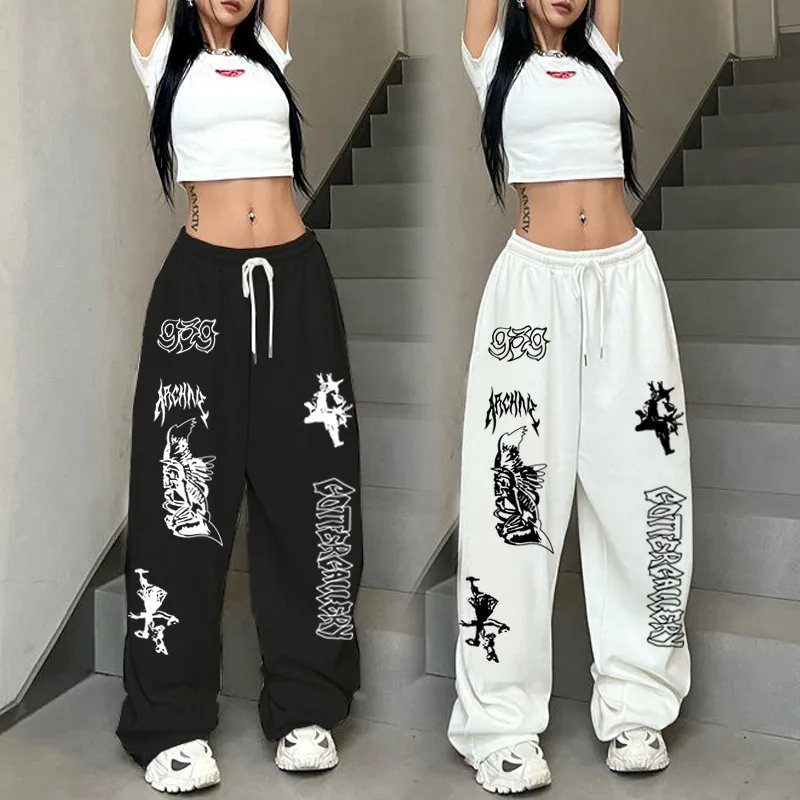 بنطال فضفاض بطبعة جرافيتي للنساء - بنطال رياضي فضفاض واسع الساق مع رباط، بنطال كاجوال على طراز Y2K Punk