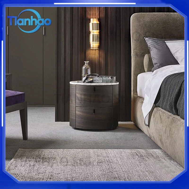 Smoked Solid Wood Italian Minimalist Nightstand for Nordic Luxury Bedroom Round Laminate Top Bedside Cabinet Creative Storage