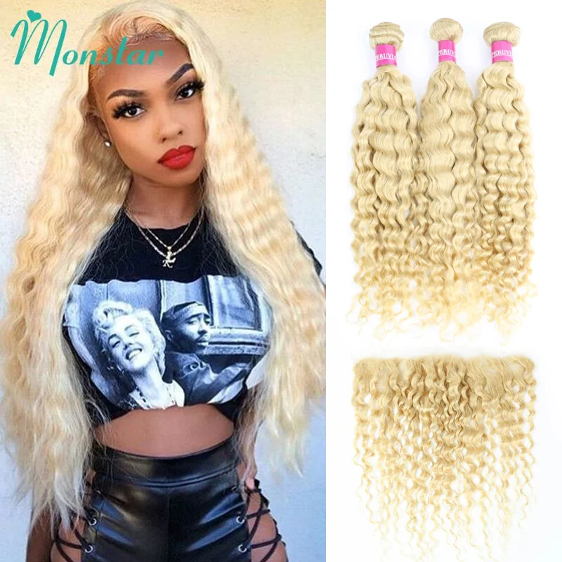 613 Blonde Deep Wave Bundles with 13x6 Lace Frontal Malaysian Curly Remy Human Hair 613 Blonde Bundles with Closure Frontal 13x4