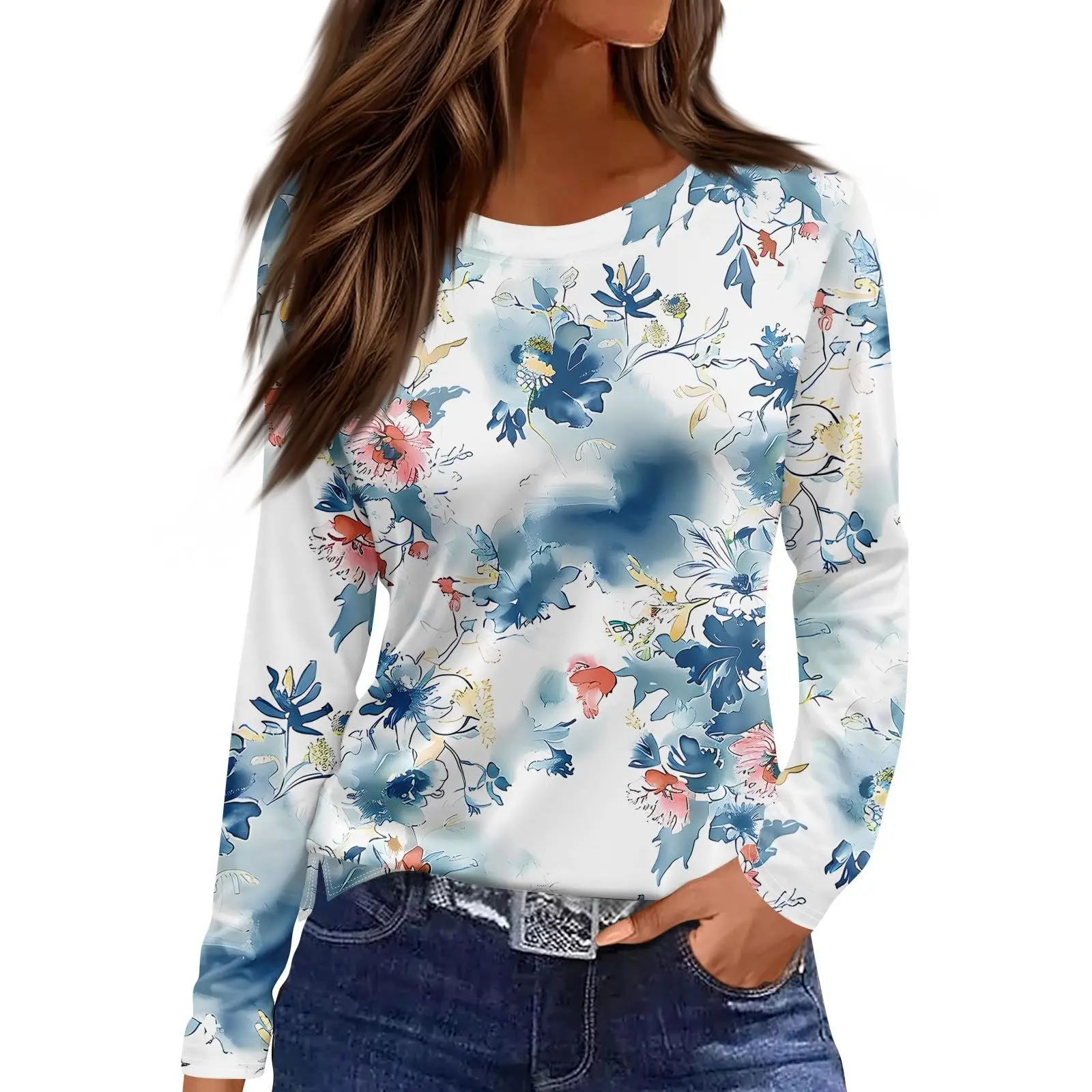 Automne Floral impression 3d à manches longues T-Shirt décontracté femmes vêtements à manches longues T-shirt mode décontracté surdimensionné hauts t-shirts femme