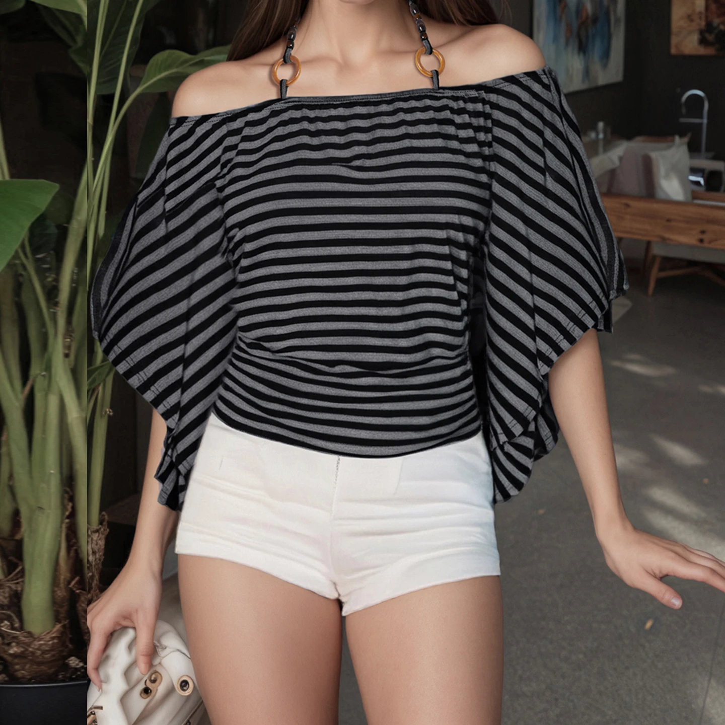 SUCHCUTE Women Off Shoulder Halter Top Wooden Ring Beaded Strap Striped Print Batwing Sleeve Ruched Waist Y2K Streetwear T Shirt