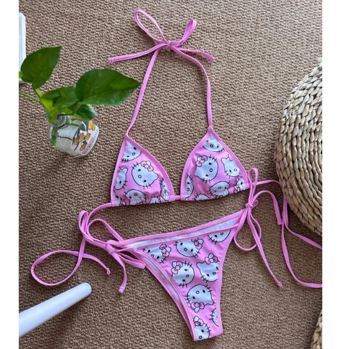 2 szt. HelloKitty bikini zestaw dziewczyny seksowne stroje kąpielowe plażowe stroje kąpielowe letnie kobiety biustonosz krótkie modne bikini odzież