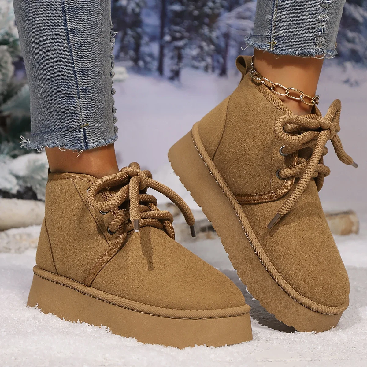 Women Boots Winter Short Plush Warm Lace Up Snow Boots Women Fashion Casual Flat and Platform Shoes for Women Botas De Mujer