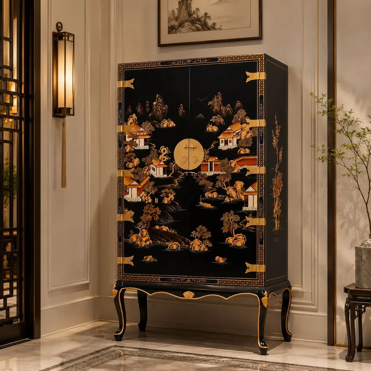 CX new Chinese retro hand-painted gold-painted lacquer, high foot, meal side, storage, decoration, wardrobe