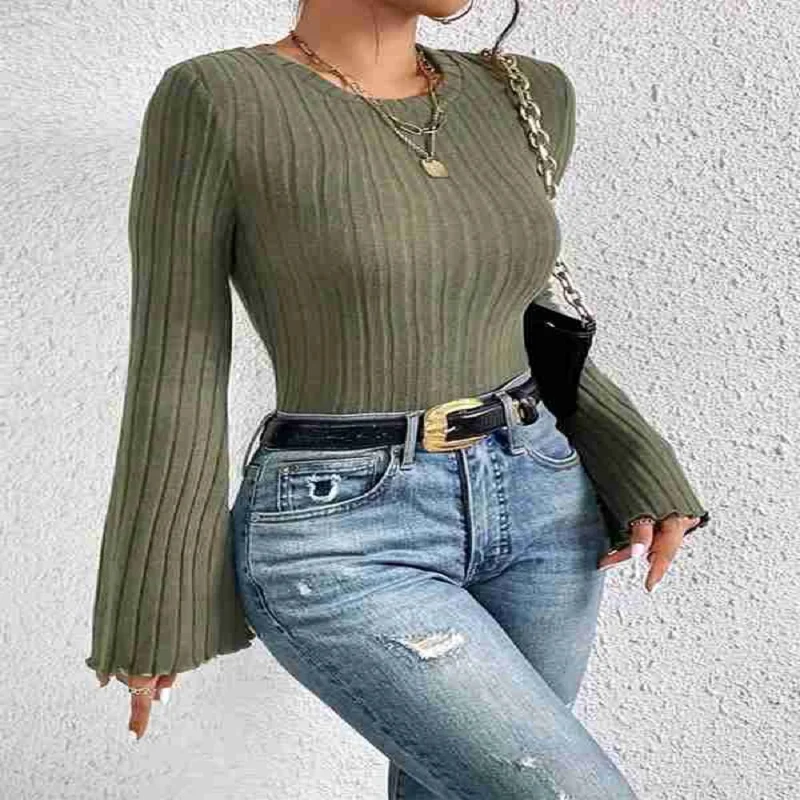 

Women'S Bell Sleeve Crop Tops Dressy Casual Crewneck Lettuce Trim Ribbed Fitted Shirts