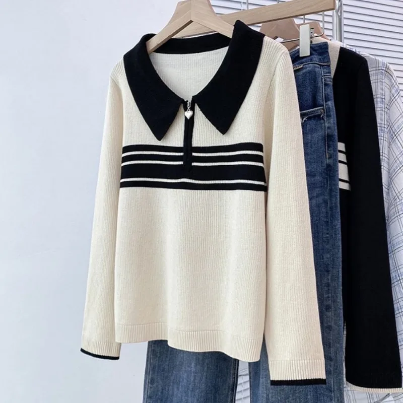 

Loose Zipper Polo Neck Sweater for Women in Autumn and Winter Stripes Fashionable Base Sweater