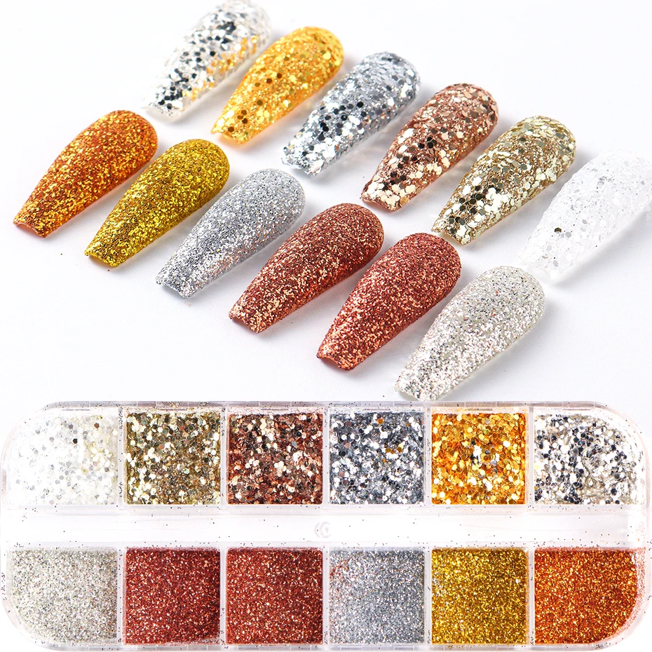 12 grades cromo dourado prateado prego glitter em pó brilhante espelho rosa lantejoulas pigmento areia poeira para decorações da arte do prego manicure
