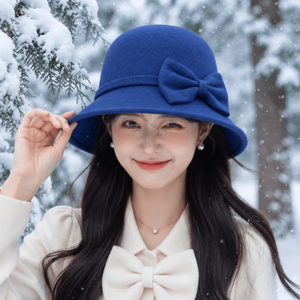 Korean Style Winter Woolen Hat Warm Fleece Soft Felt Elegant Bucket Hat Chic Design Cute Bow Retro Cloche Cap Casual Party