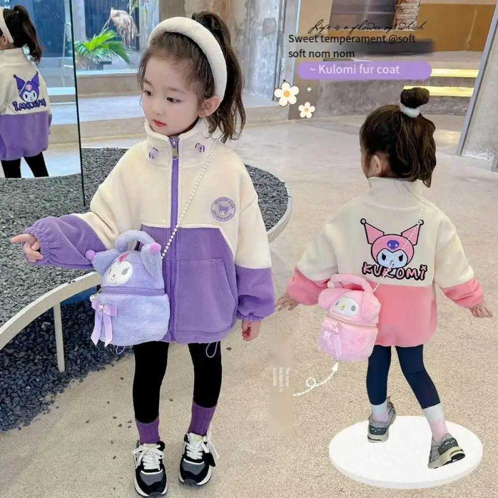 Kawaii Sanrio Kuromi Girls Coat Cartoon Thickened Thermal Top Kids Autumn Winter Casual Long Sleeve Jacket Children's Clothing