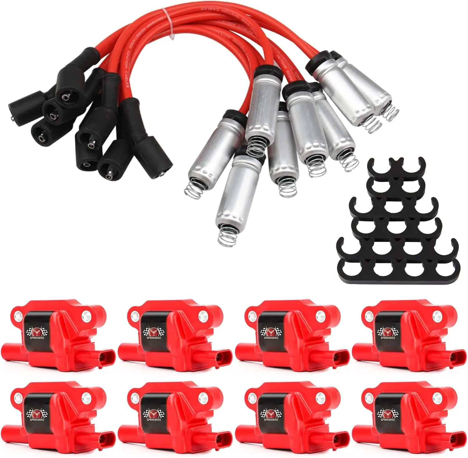 

Set of 8 Square Ignition Coils with Spark Plug Wires, Compatible with Chevy Silverado GMC Pontiac H3 Tahoe Yukon