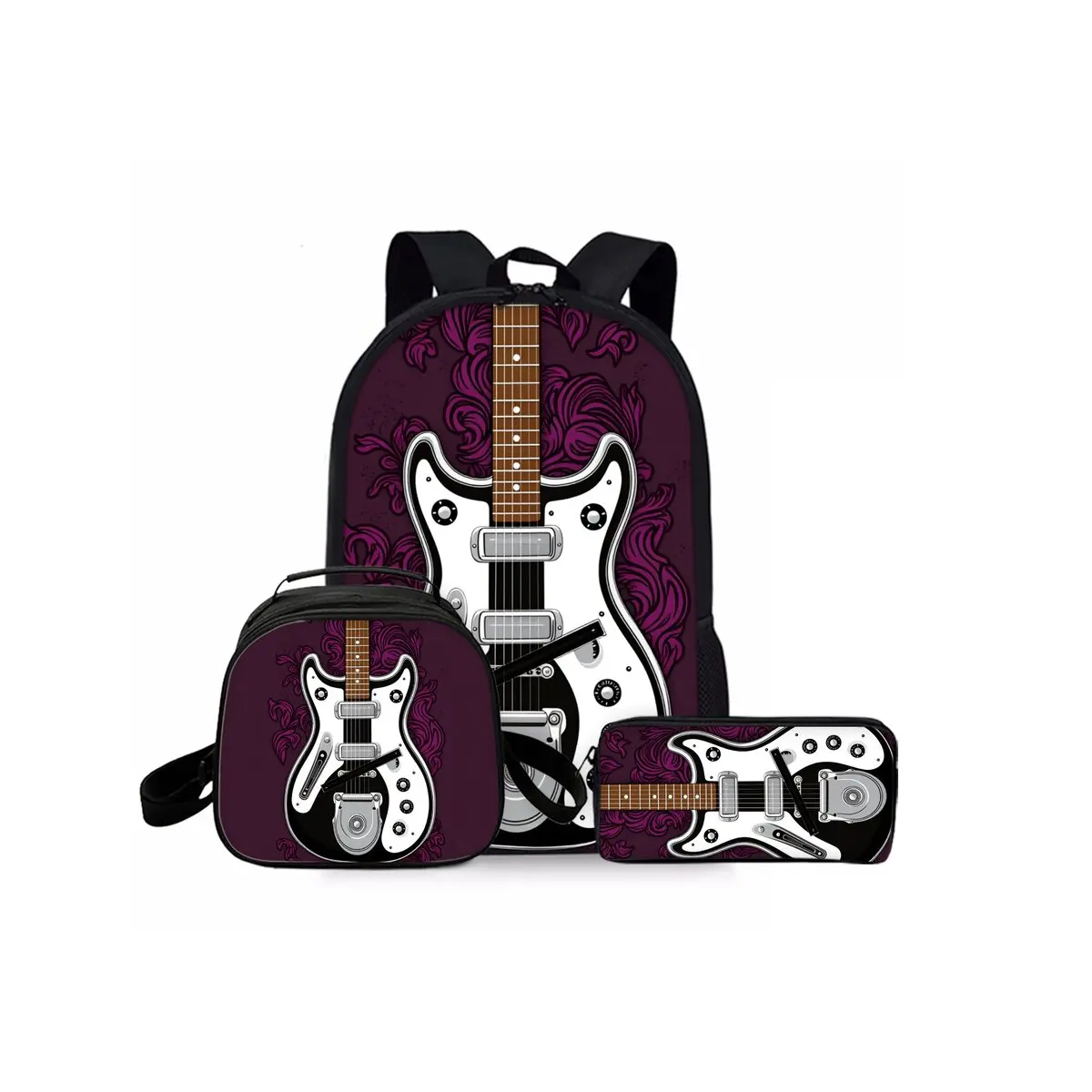 

3pcs Set Guitar 2D Carton Waterproof School Backpack Round Lunch Bag Pencil for Boys/Girls Best Gifts for Kids Bags