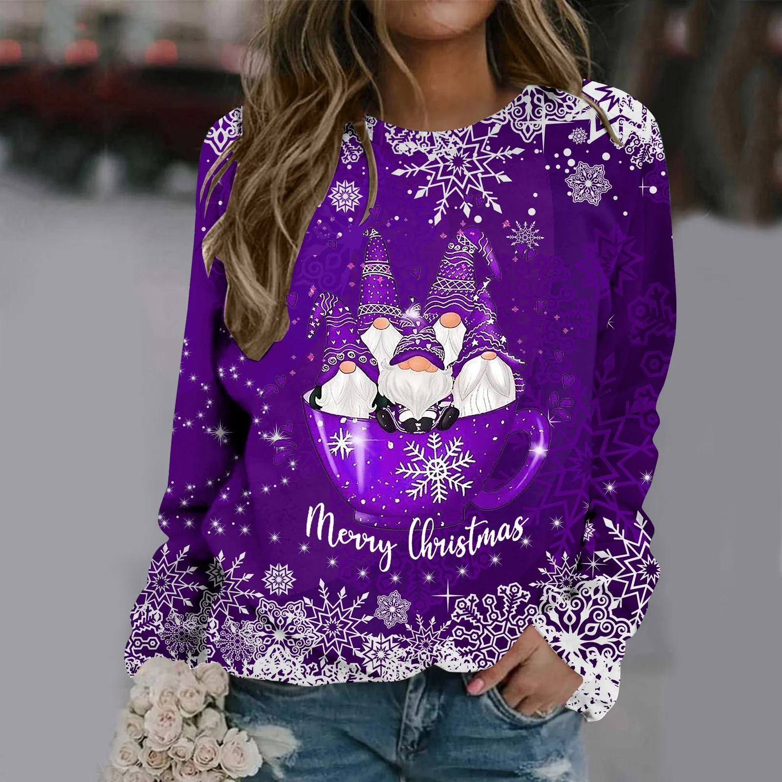 Women\'s Long Sleeved Round Neck Merry Christmas Printed Pullover Sweater Tops