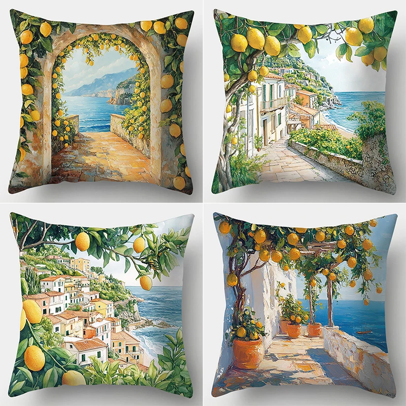 1PC 2D Flat Amalfi Coast Lemon Grove Throw Pillow Covers Mediterranean Coastal Home Decor Cushion Cases