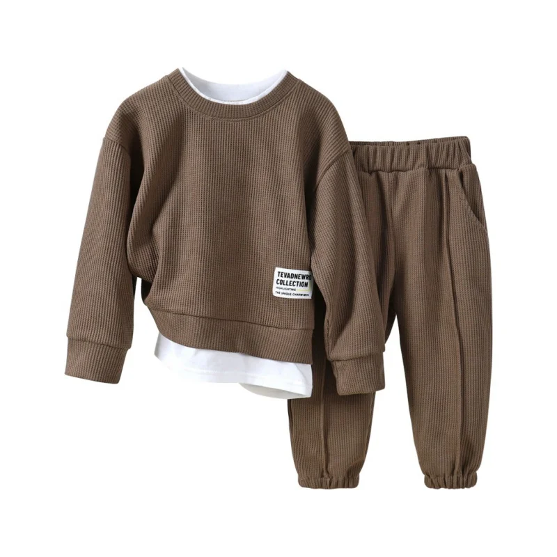 Spring New Waffle Leisure Suit Children Boys Girls Baby Sports Casual Long-Sleeved Sweater Long Pants