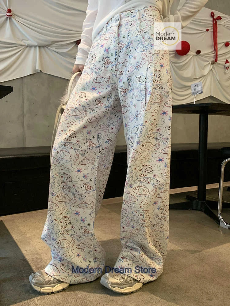 American high street design graffiti printed straight pants female summer fashion temperament niche casual loose wide-leg pants.