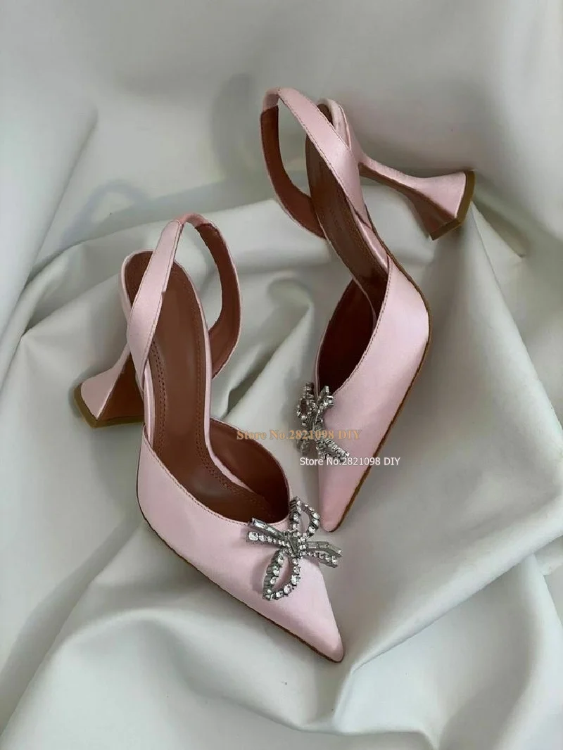 Abbagliante Diamante fiocco alla punta tacco scultoreo décolleté Slingback tacco alto scarpe eleganti donna tacchi alti sottili scarpe a punta