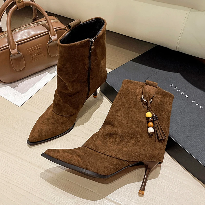 

Женские ботинки с острым носком, модные модельные туфли на высоком каблуке, новые замшевые зимние ботинки 2022, роскошные туфли-лодочки, сексуальные ботинки челси De Mujer