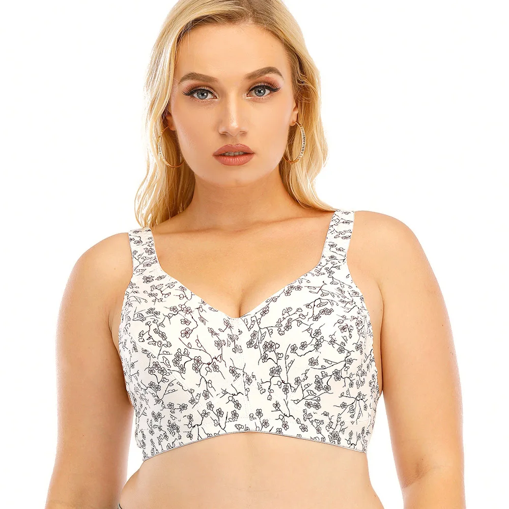 Wire Free Bra Plus Size Bras Full Coverage Bra Woman Floral Breathable Comfortable White Bras A B C D E F 34-48