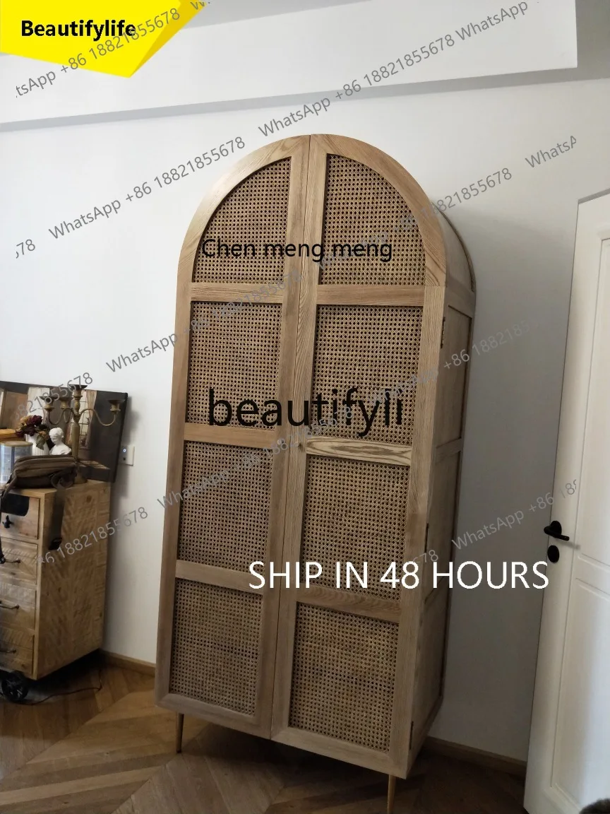 

A32 Double door wardrobe Nordic solid wood rattan wardrobe American bedroom locker small apartment