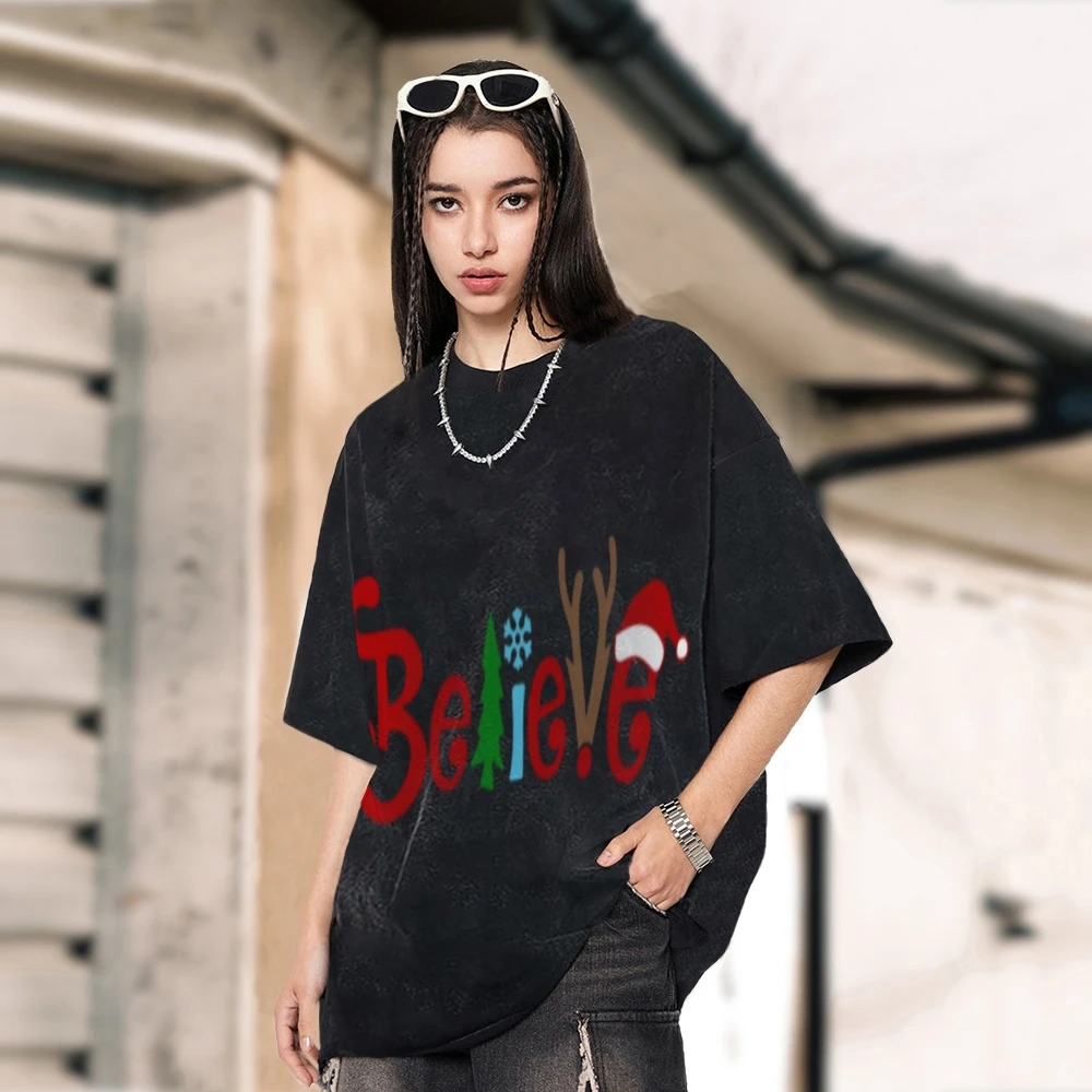 

Festive Christmas Believe Trendy Vintage Unisex Washed T-shirt 90s Vintage Oversize T-Shirt Retro Washed Stylish Tee