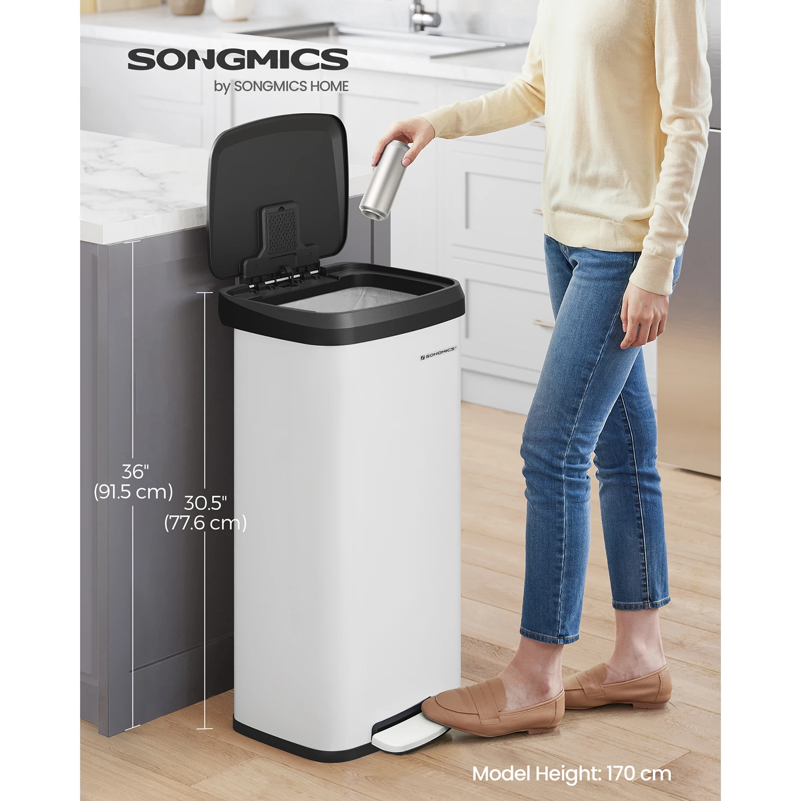 SONGMICS Kitchen Bin, 18 Gallon (68 L) Rubbish Bin, Metal Waste Pedal Bin with Lid, Tall and Large