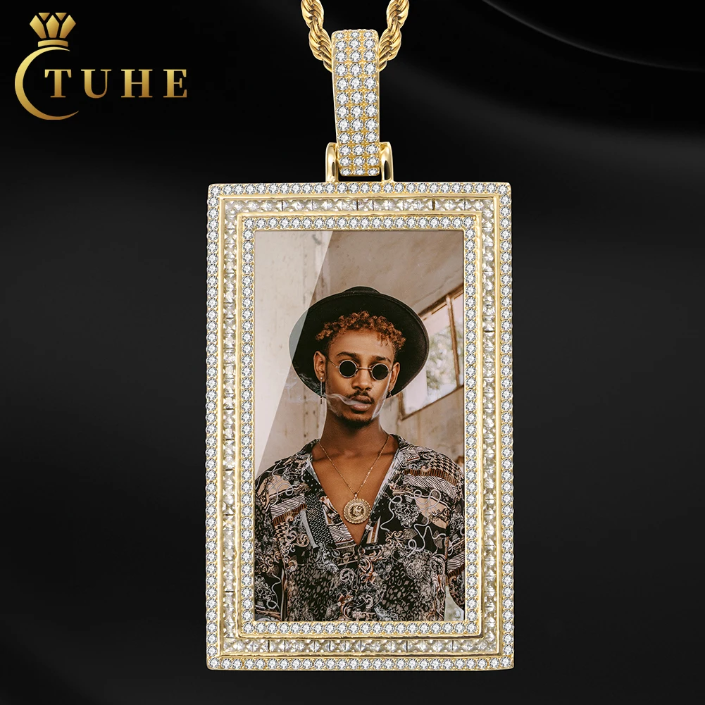 

Custom Memory Jewelry Picture Necklace 43mm Gold Plated Brass AAAAA Zircon Diamond Iced Out Photo Pendant With Rope Chain