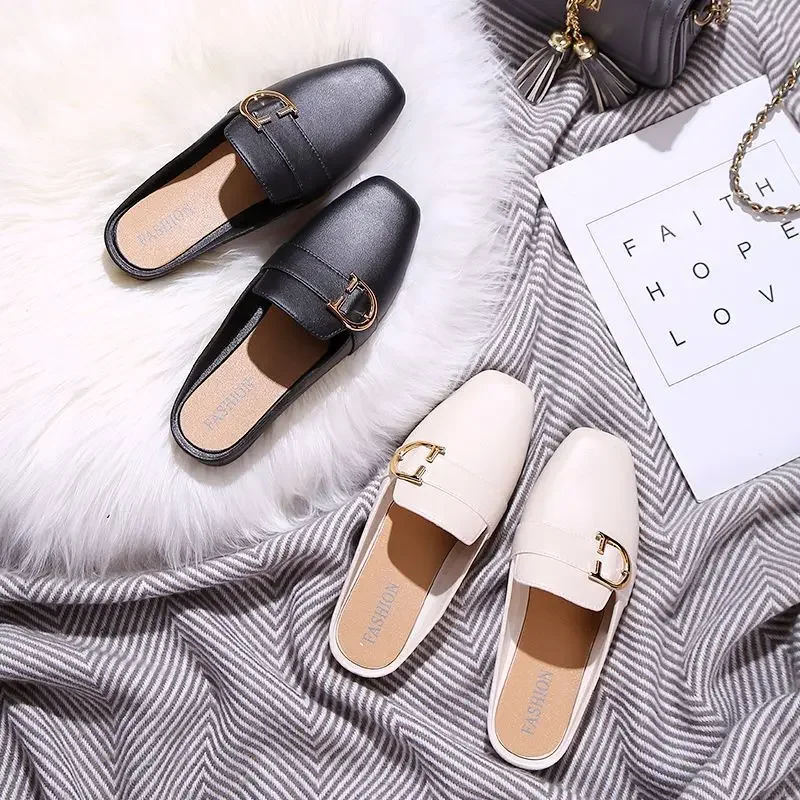 Women's Summer Fashionable Versatile Slippers Half Drag Shoes D Buckle Korean Style Lazy Shoes Pvc Outsole