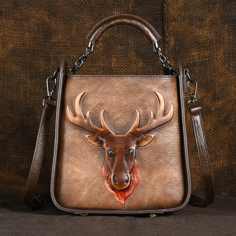 Women Genuine Leather Shoulder Messenger Bags Retro Deer Pattern Vintage Tote Handbag Crossbody Flap Real Cowhide Top Handle Bag