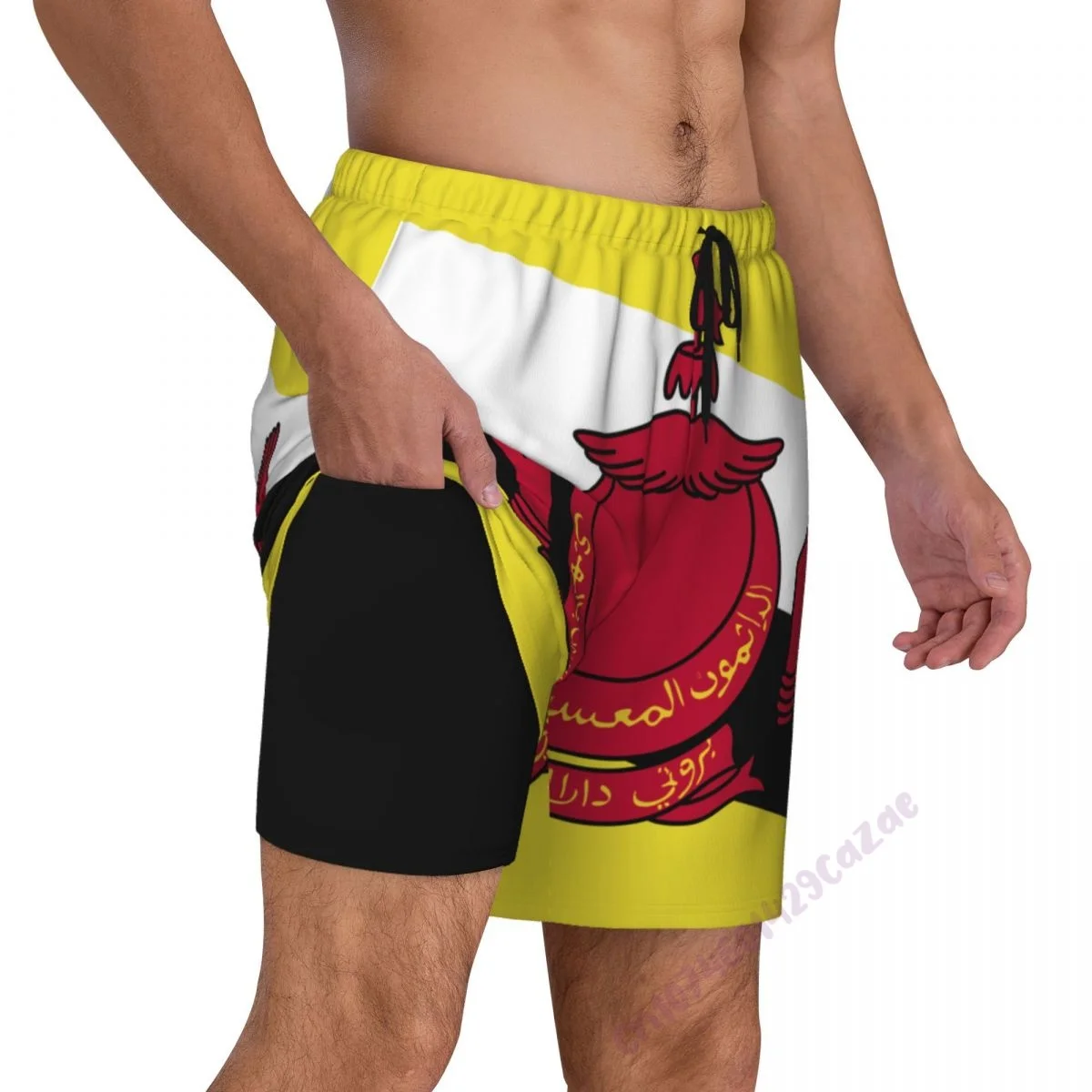 Brunei Flag 3D Mens Swimming Trunks With Compression Liner 2 in 1 Quick-Dry Summer Swim Shorts With Pockets