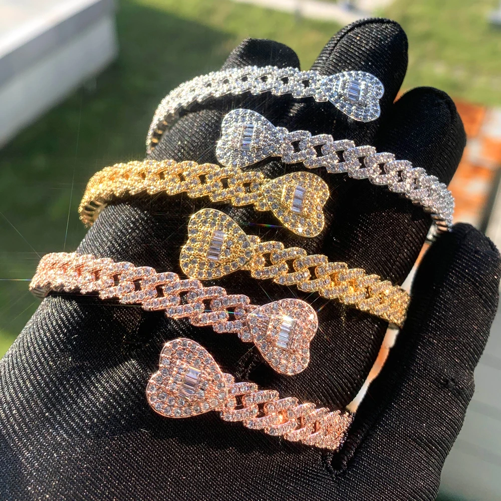 Iced Out Cuff Bangle Paved Setting Bling Cz Cubic Zirconia Wrist Cuban Chain Link Bransoletki Moda Hip Hop Biżuteria dla kobiet — zdjęcie 4