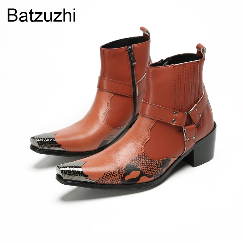 

Batzuzhi 6.5cm Heels Brown Genuine Leather Ankle Boots Man Zip Buckle Classic Men's Motorcycle/Party Boots for Man! US6-12