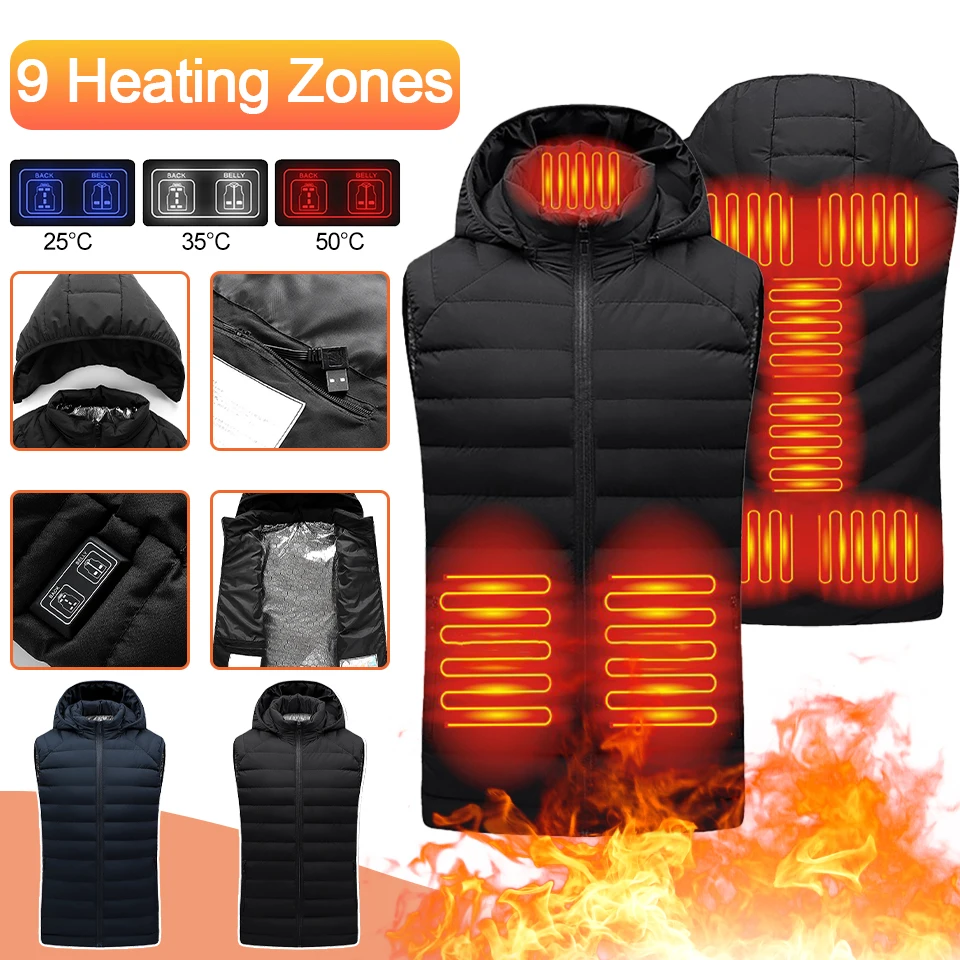 Nine-zone Self-heating Vest Dual-control Hooded Heating Jacket USB Smart Heating Winter Windproof Outdoor Thermal Warm Clothes