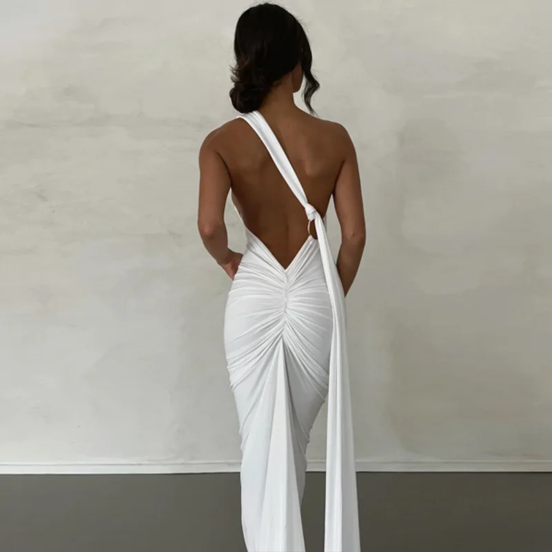 Elegant Sexy Women Off The Shoulder Sleeveless Backless Pleated Ribbon Bodycon Evening Party Club Summer Maxi Dresses