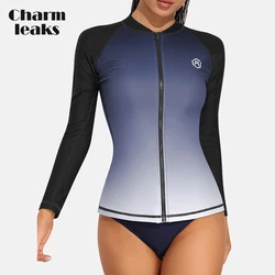 Charmleaks Women Rash Guard UPF 50 + girocollo maniche lunghe Zipper gradienti colore Quick Dry Soft Swimming Surfing Tops