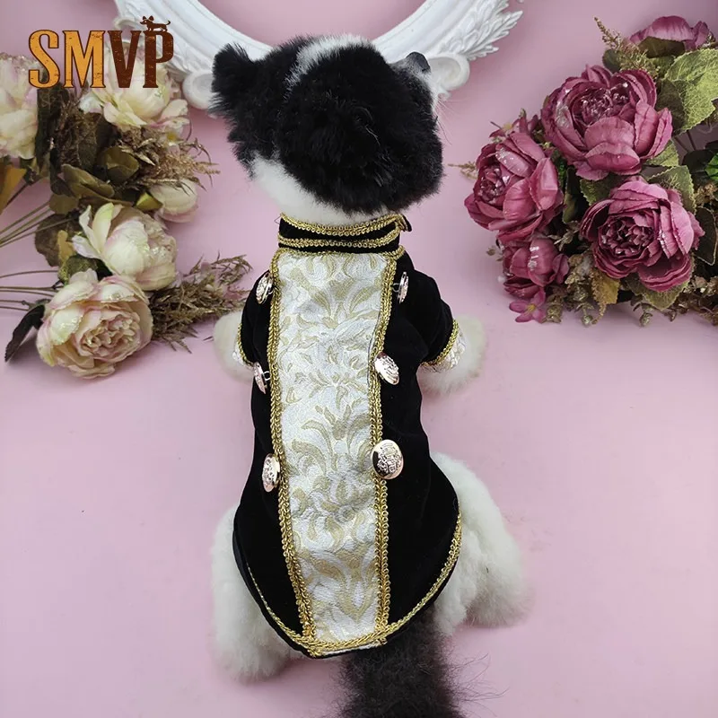 Luxury Gold Trim Patchwork Dog Formal Coat Vintage Brocade Back Pet Gentleman Jacket for Small Dogs and Cats Pet Clothes