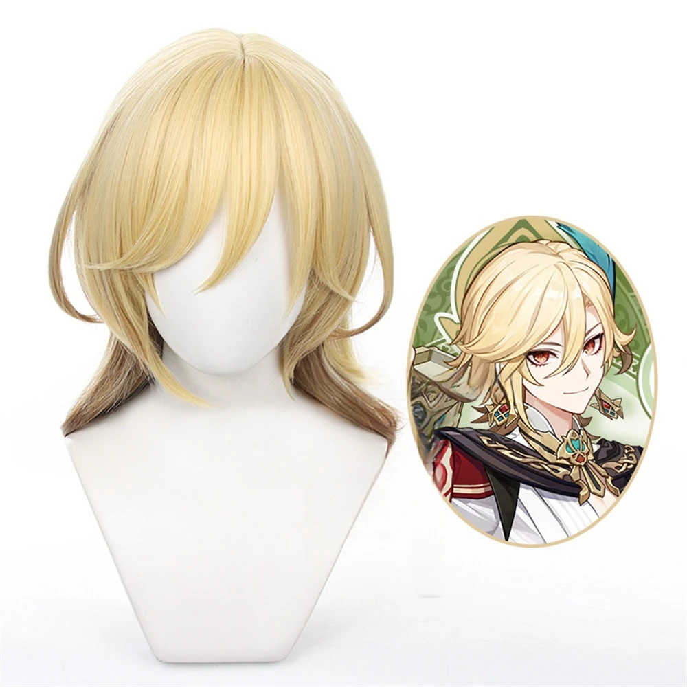 High Quality Kaveh Cosplay Wig Game Genshin Impact Kaveh Wig 50cm Long Linen Gold With Braid Heat Resistant Hair Wigs + Wig Cap