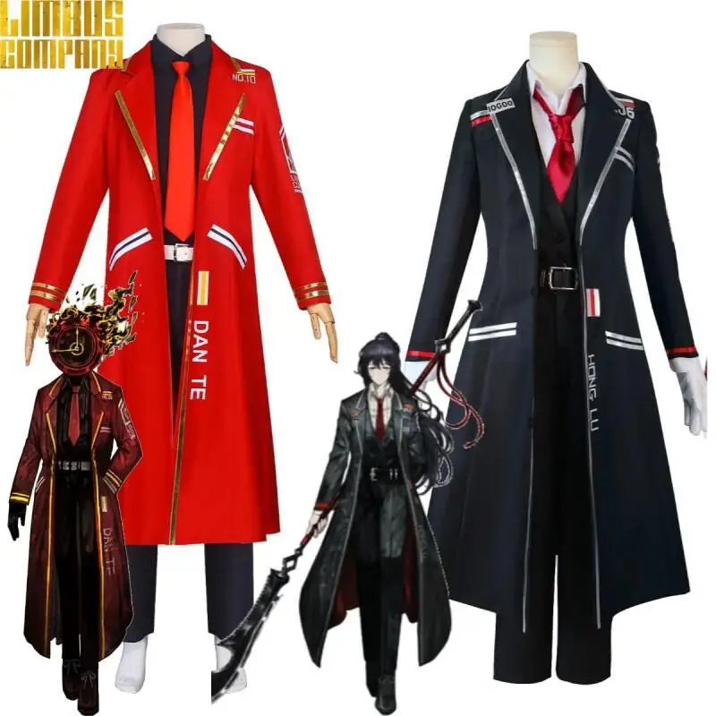LIMBUS COMPANY Hong Lu Dante Cosplay-Kostüm, Spielcharakter-Rollenspiel-Set, schwarz-roter langer Mantel, Dante-Anzug für Halloween-Party