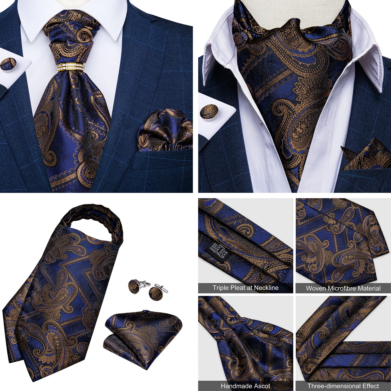 Luxury Men Green Blue Paisley Ascot Tie Set Solid Necktie Ring Wedding Party Cravat Purple Ties Pocket Sqaure Cufflink Free Ship