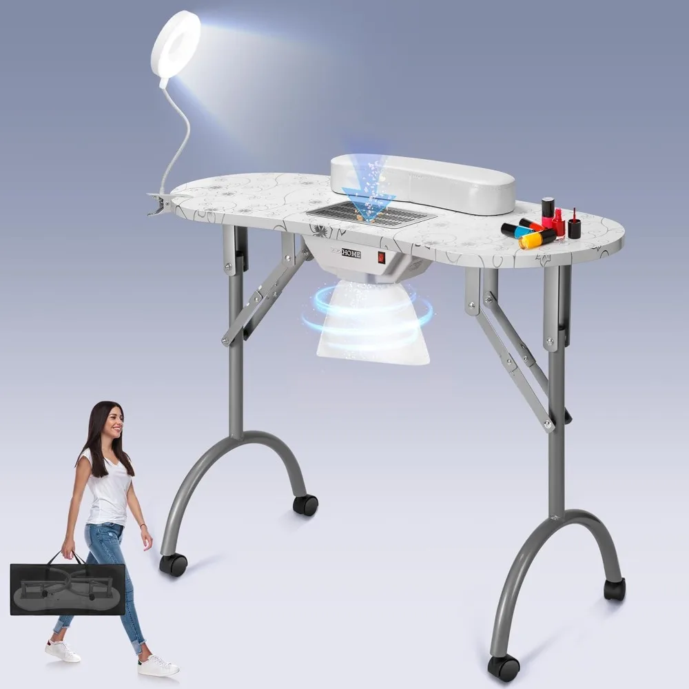 

Portable Manicure Nail Table on Wheels with Built-in Dust Collector, Updated USB-Plug LED Table Lamp