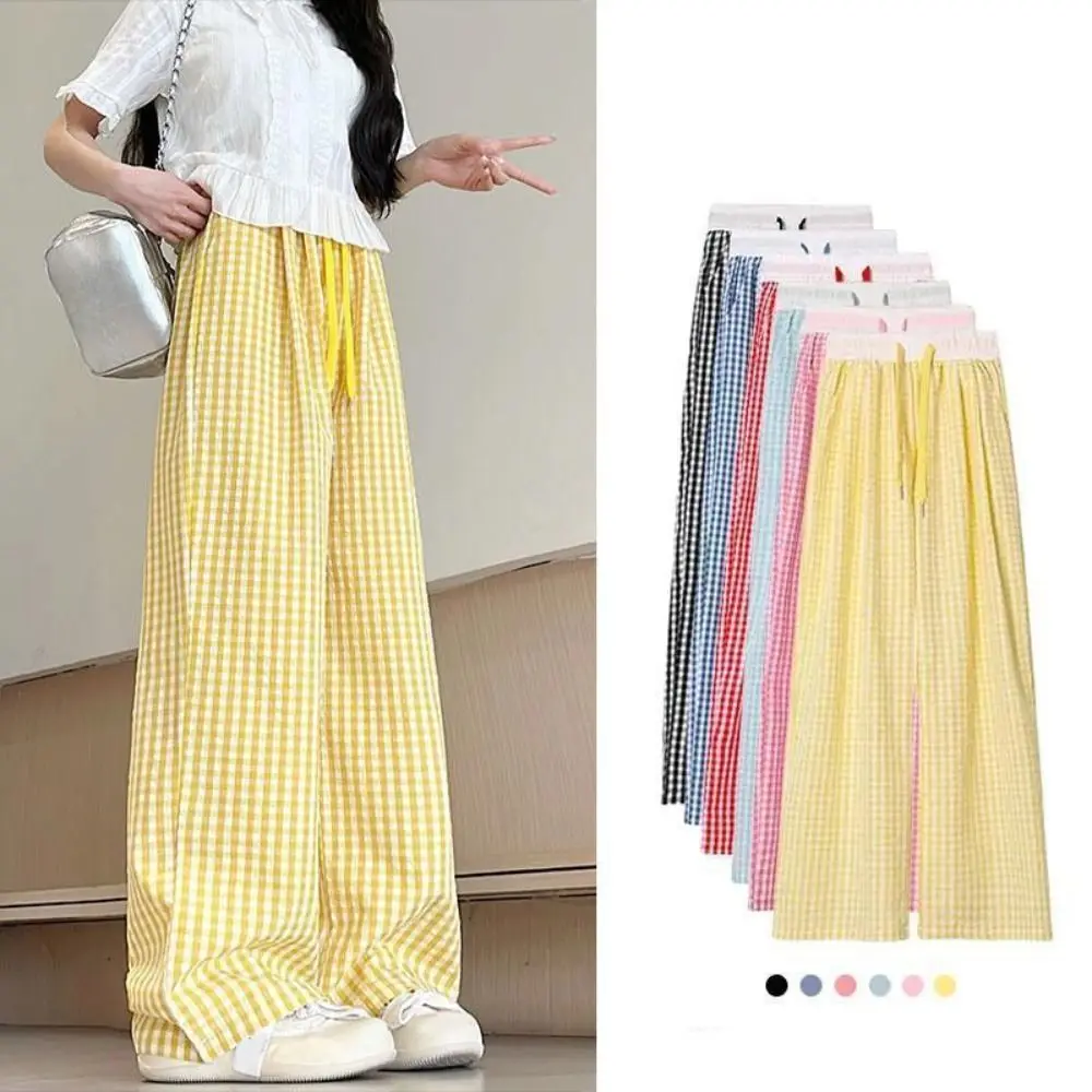 

High Waist Straight Plaid Pants Thin Stripe Y2K Drawstring Pants Casual Baggy Trousers Wide Leg Loose Pants Women Girl