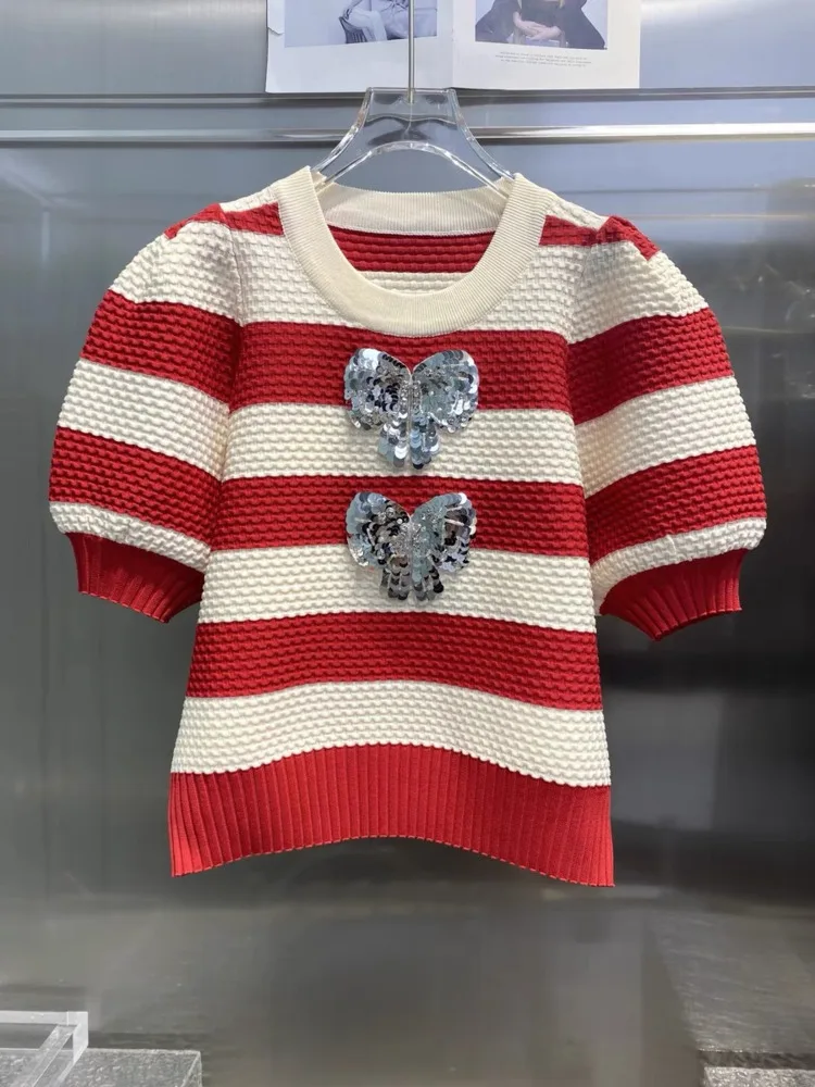 Fashion Striped Knitted Tshirt Tops Women Knit Pullover Sweater 2024 Summer Short Sleeve O-neck Bow Sequined Ladies Knitwear